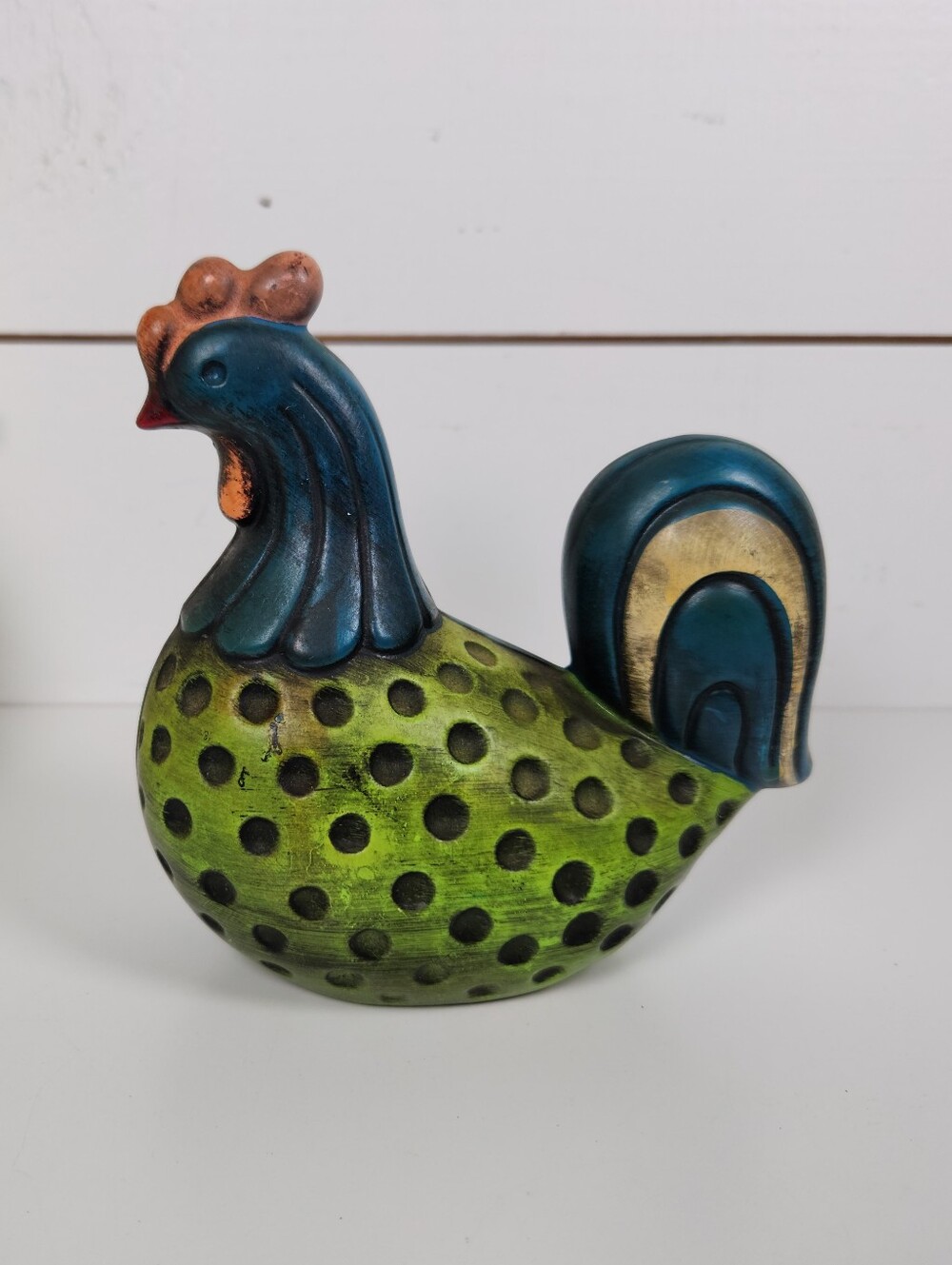 Vintage Blue & Green Polka Dot Ceramic Chicken , Ardco Japan | Rooster Figurine